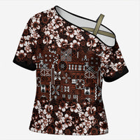 Burgundy Hawaiian Tapa Tribal Hibiscus Cross Shoulder Shirt