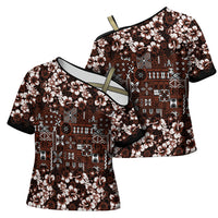 Burgundy Hawaiian Tapa Tribal Hibiscus Cross Shoulder Shirt