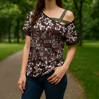 Burgundy Hawaiian Tapa Tribal Hibiscus Cross Shoulder Shirt