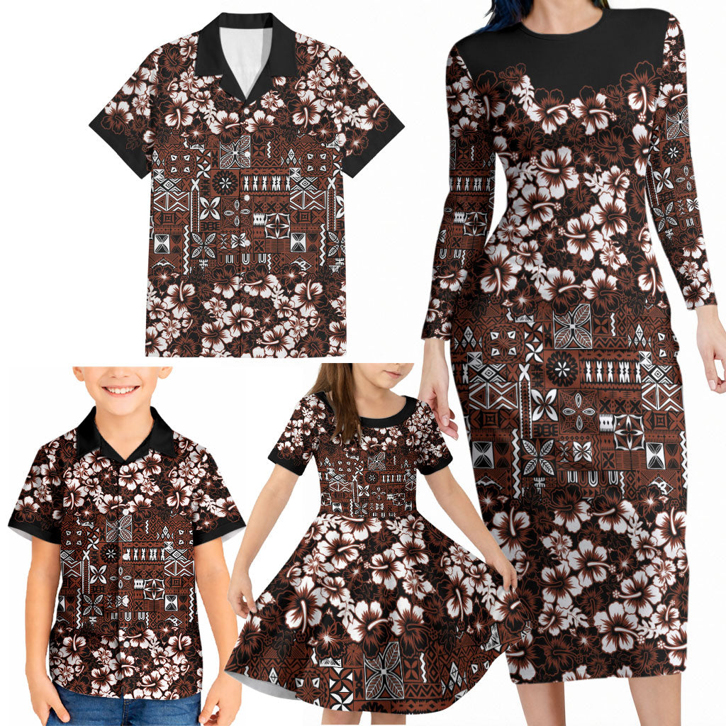 Burgundy Hawaiian Tapa Tribal Hibiscus Family Matching Long Sleeve Bodycon Dress and Hawaiian Shirt