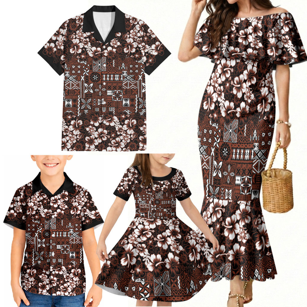 Burgundy Hawaiian Tapa Tribal Hibiscus Family Matching Mermaid Dress and Hawaiian Shirt LT9 - Polynesian Pride