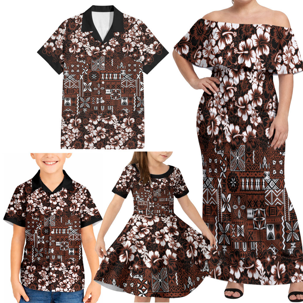 Burgundy Hawaiian Tapa Tribal Hibiscus Family Matching Off Shoulder Maxi Dress and Hawaiian Shirt