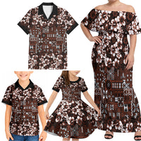 Burgundy Hawaiian Tapa Tribal Hibiscus Family Matching Off Shoulder Maxi Dress and Hawaiian Shirt