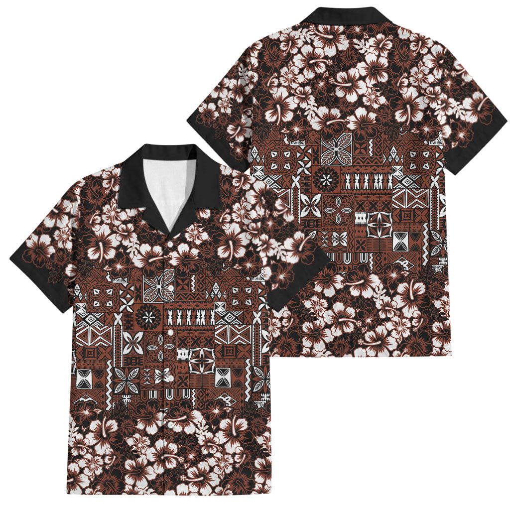 Burgundy Hawaiian Tapa Tribal Hibiscus Family Matching Off Shoulder Maxi Dress and Hawaiian Shirt