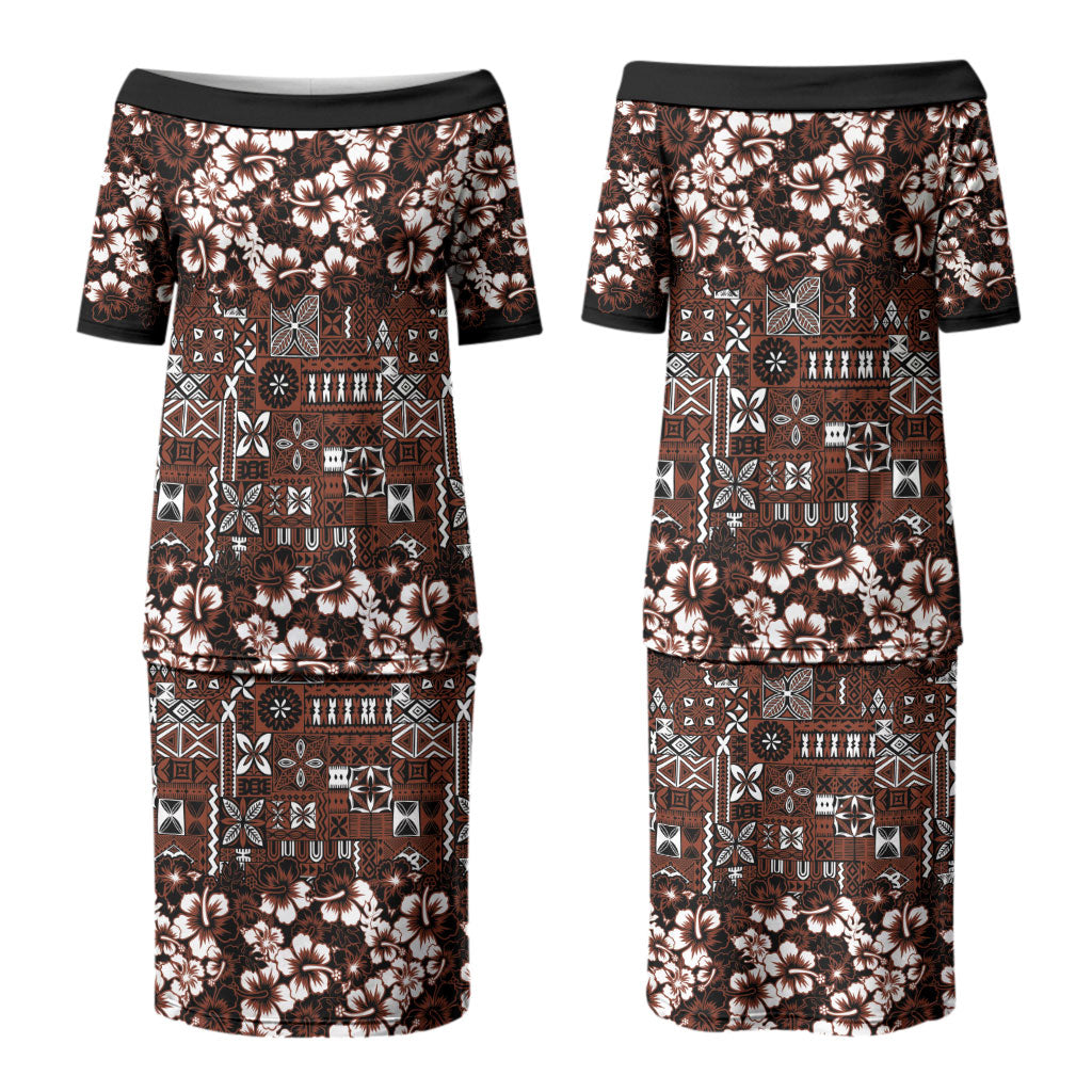 Burgundy Hawaiian Tapa Tribal Hibiscus Family Matching Puletasi and Hawaiian Shirt