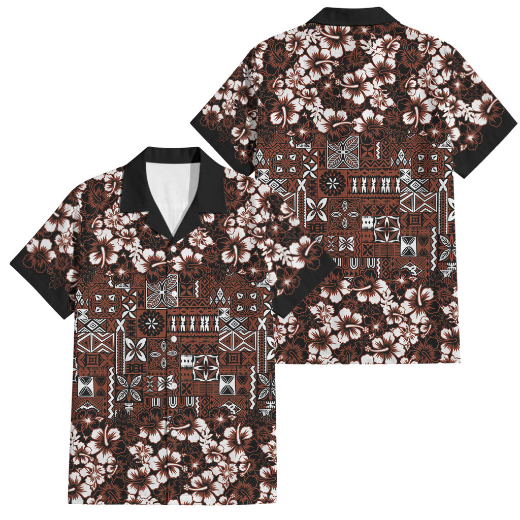 Burgundy Hawaiian Tapa Tribal Hibiscus Family Matching Puletasi and Hawaiian Shirt