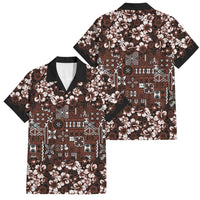 Burgundy Hawaiian Tapa Tribal Hibiscus Family Matching Short Sleeve Bodycon Dress and Hawaiian Shirt