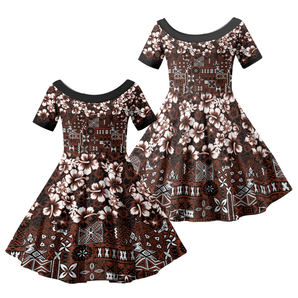 Burgundy Hawaiian Tapa Tribal Hibiscus Family Matching Summer Maxi Dress and Hawaiian Shirt