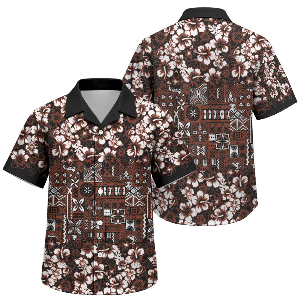 Burgundy Hawaiian Tapa Tribal Hibiscus Family Matching Summer Maxi Dress and Hawaiian Shirt
