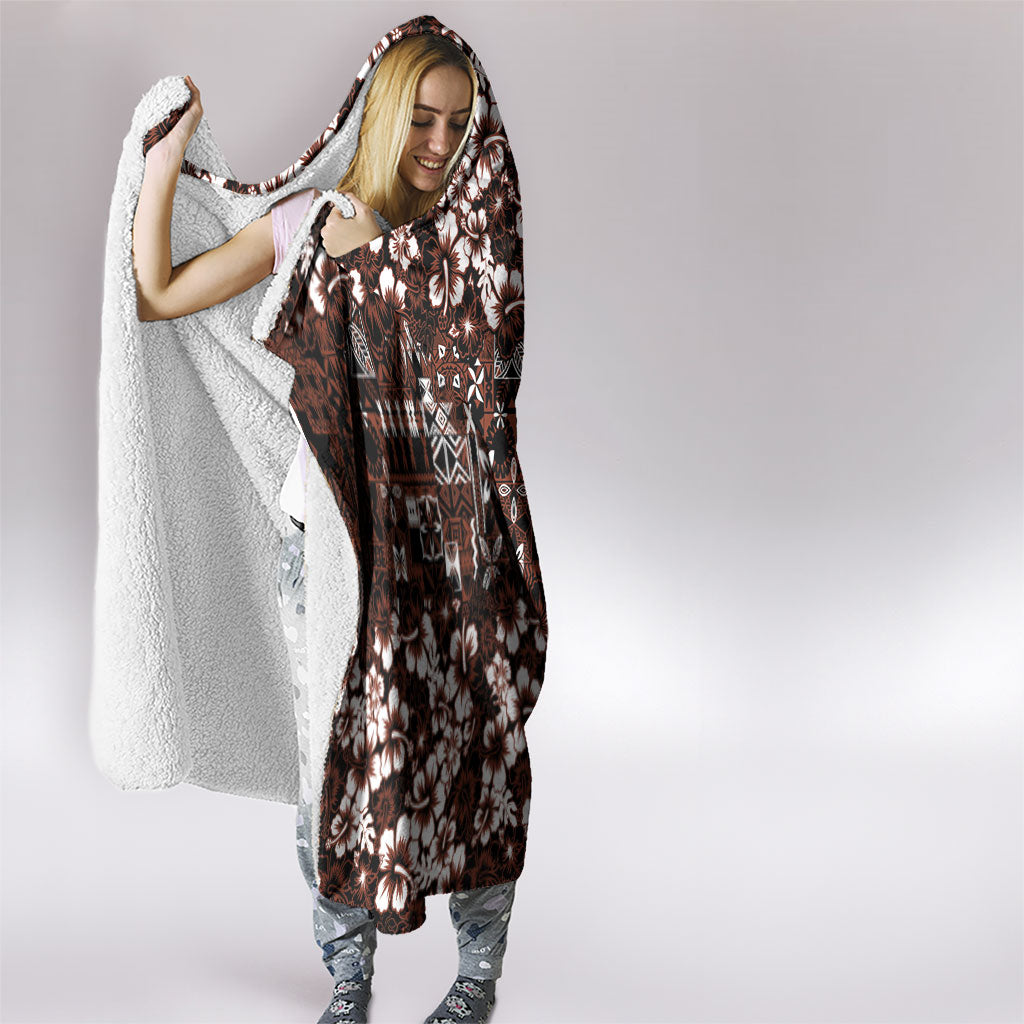 Burgundy Hawaiian Tapa Tribal Hibiscus Hooded Blanket