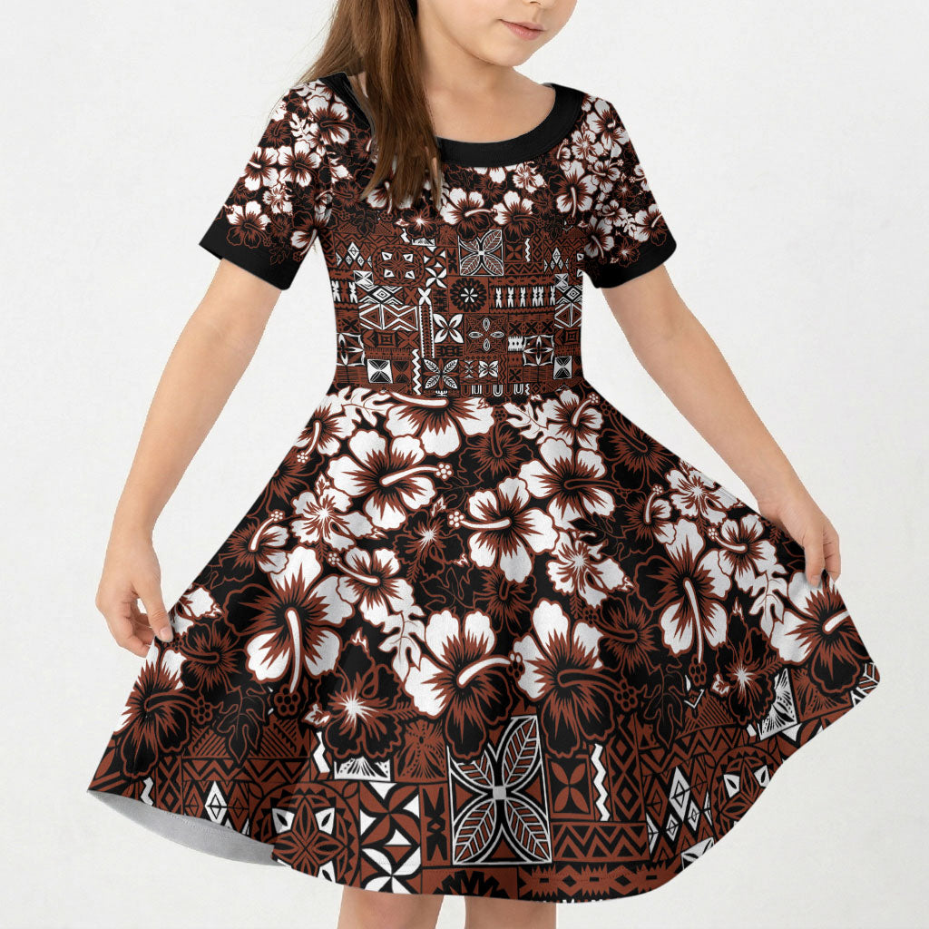 Burgundy Hawaiian Tapa Tribal Hibiscus Kid Short Sleeve Dress
