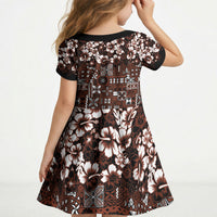 Burgundy Hawaiian Tapa Tribal Hibiscus Kid Short Sleeve Dress