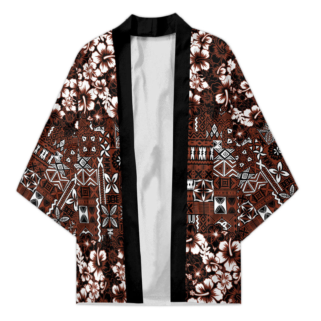 Burgundy Hawaiian Tapa Tribal Hibiscus Kimono