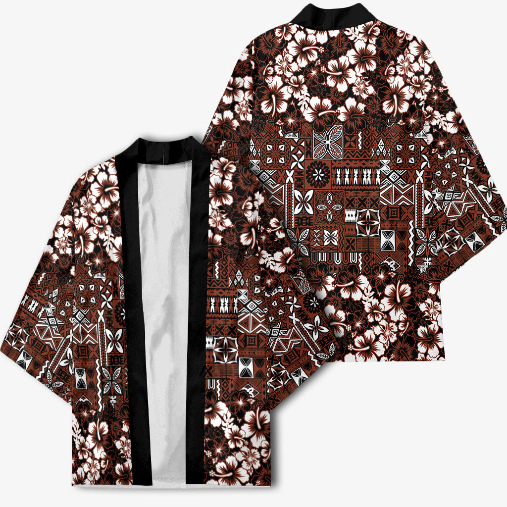 Burgundy Hawaiian Tapa Tribal Hibiscus Kimono