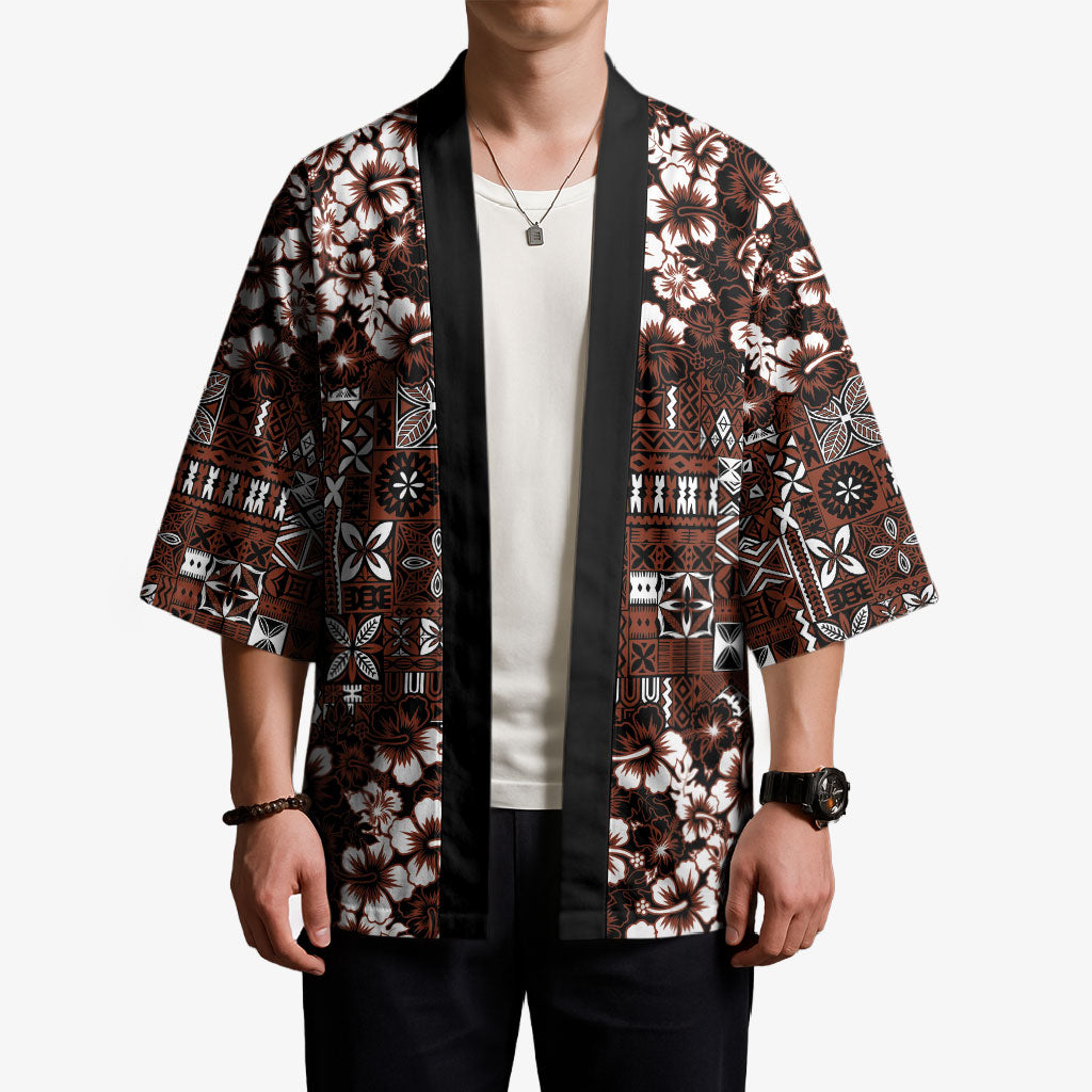 Burgundy Hawaiian Tapa Tribal Hibiscus Kimono