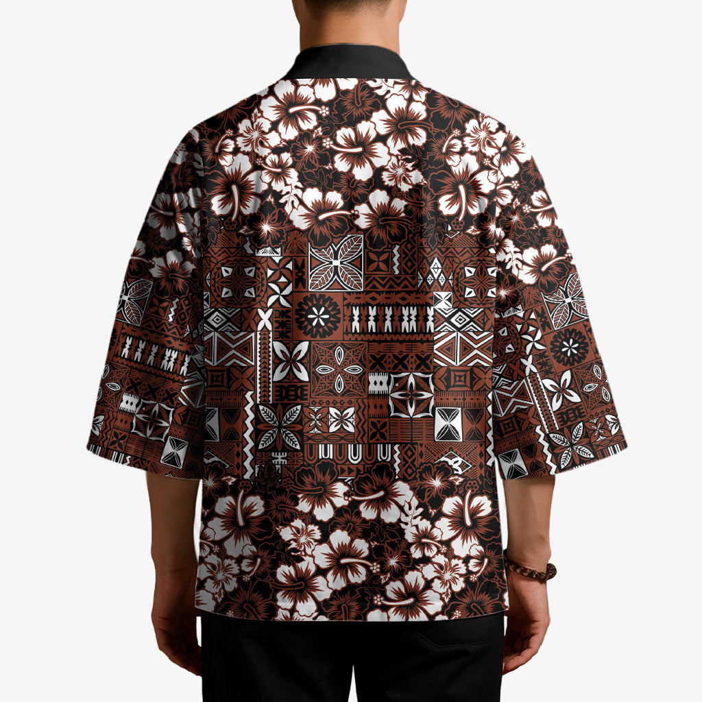 Burgundy Hawaiian Tapa Tribal Hibiscus Kimono