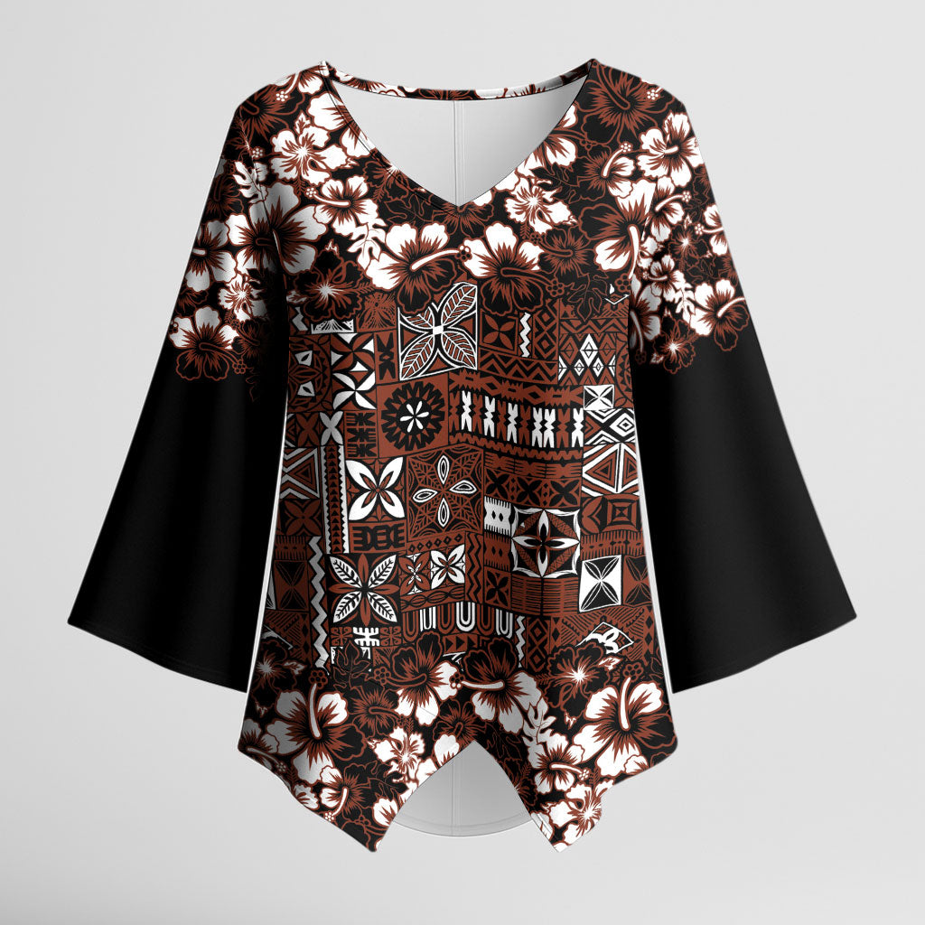 Burgundy Hawaiian Tapa Tribal Hibiscus Kimono Sleeve Blouse