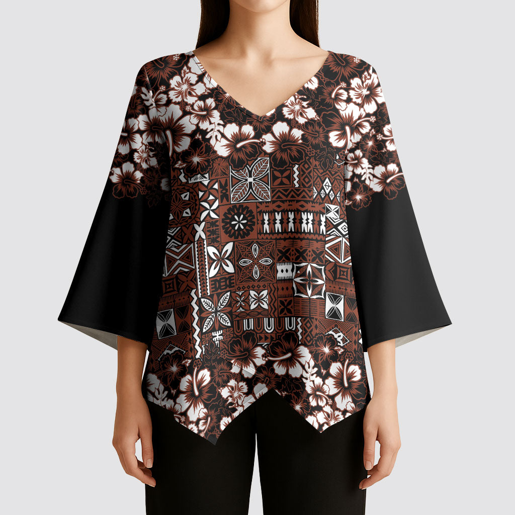 Burgundy Hawaiian Tapa Tribal Hibiscus Kimono Sleeve Blouse