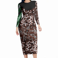 Burgundy Hawaiian Tapa Tribal Hibiscus Long Sleeve Bodycon Dress