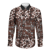 Burgundy Hawaiian Tapa Tribal Hibiscus Long Sleeve Button Shirt