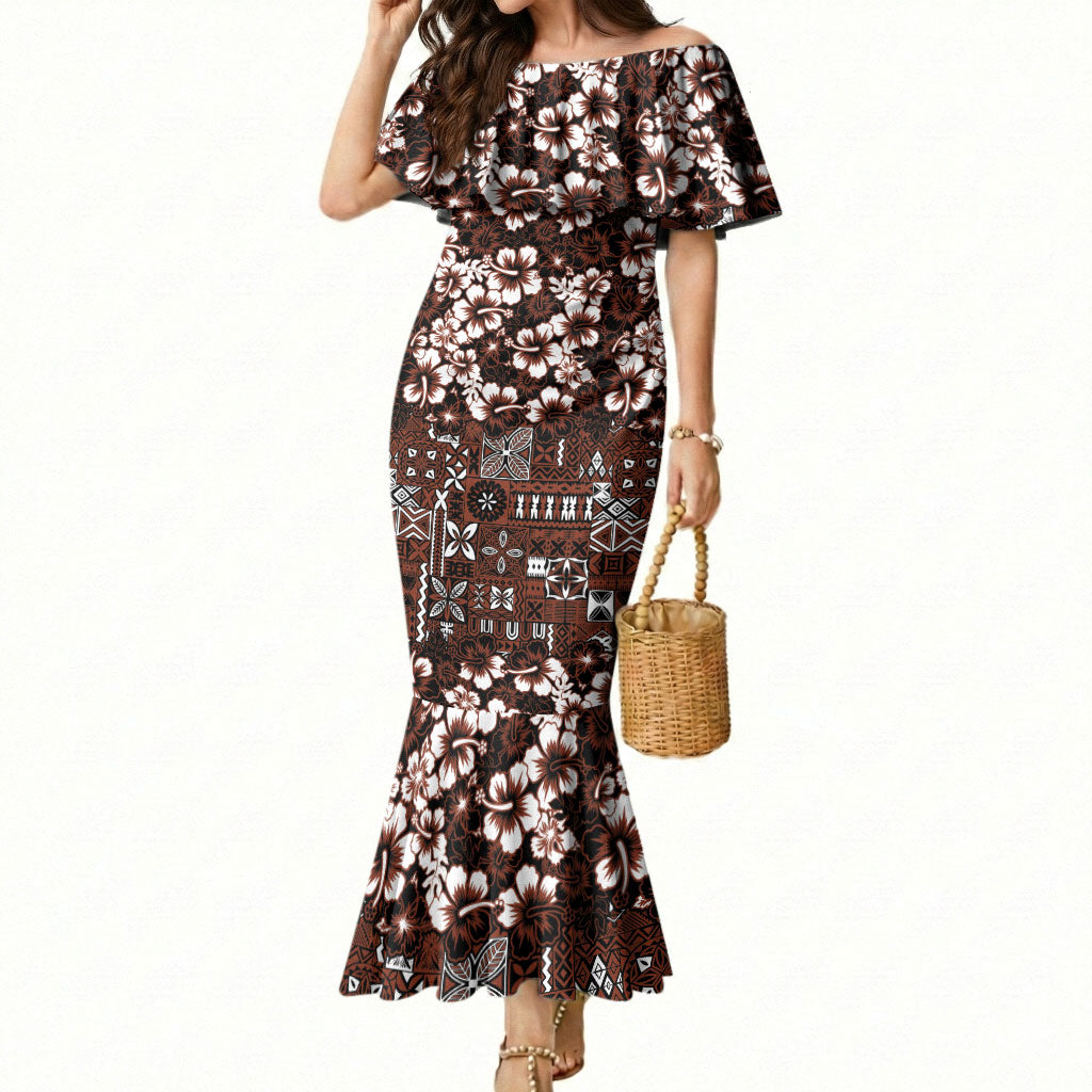 Burgundy Hawaiian Tapa Tribal Hibiscus Mermaid Dress
