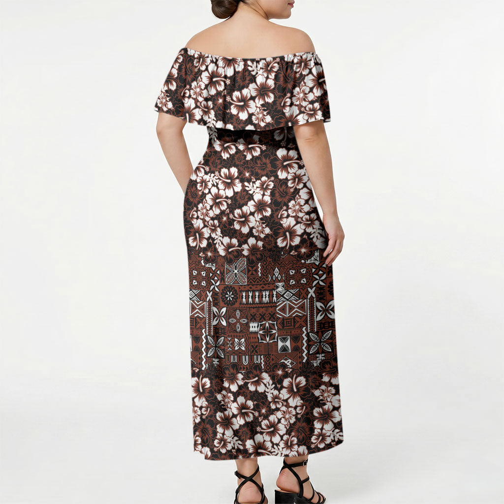 Burgundy Hawaiian Tapa Tribal Hibiscus Off Shoulder Maxi Dress