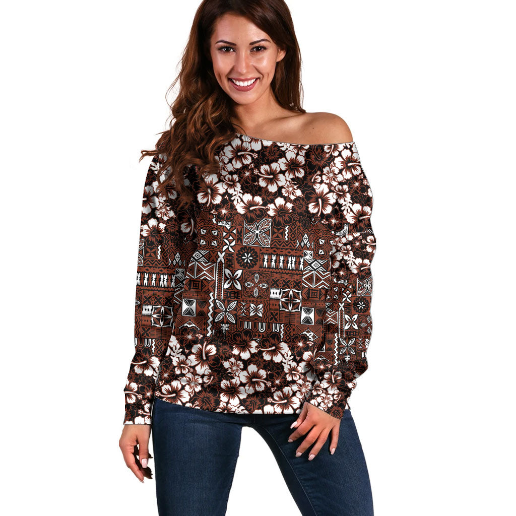 Burgundy Hawaiian Tapa Tribal Hibiscus Off Shoulder Sweater