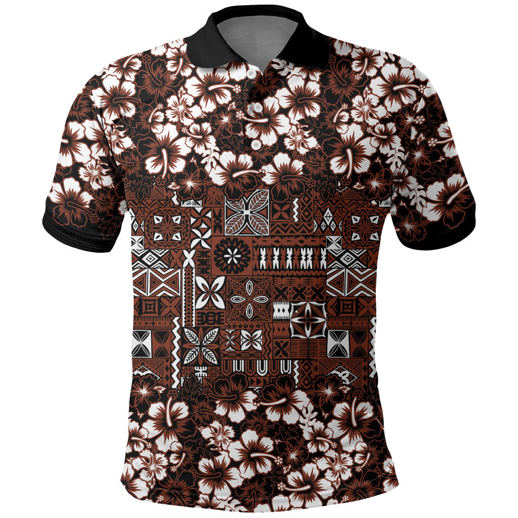 Burgundy Hawaiian Tapa Tribal Hibiscus Polo Shirt