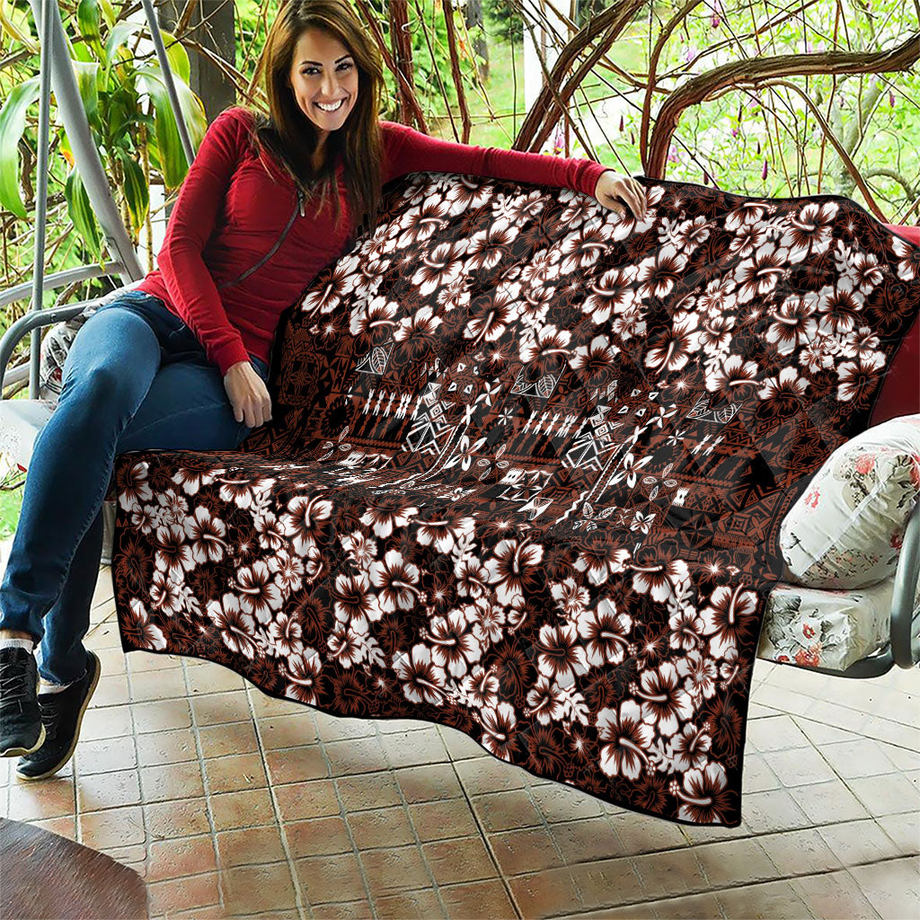 Burgundy Hawaiian Tapa Tribal Hibiscus Quilt