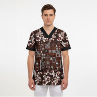 Burgundy Hawaiian Tapa Tribal Hibiscus Scrub Top