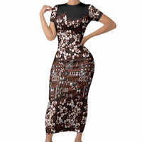 Burgundy Hawaiian Tapa Tribal Hibiscus Short Sleeve Bodycon Dress