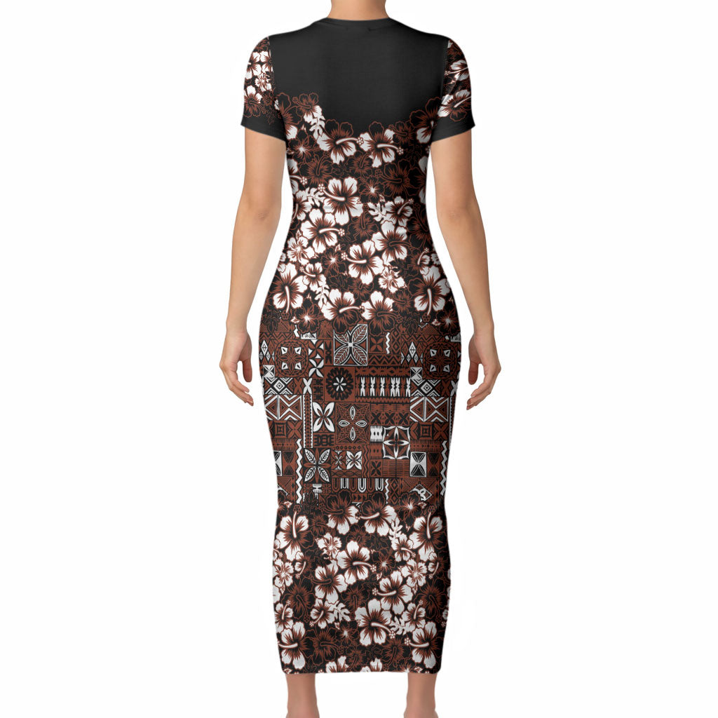 Burgundy Hawaiian Tapa Tribal Hibiscus Short Sleeve Bodycon Dress