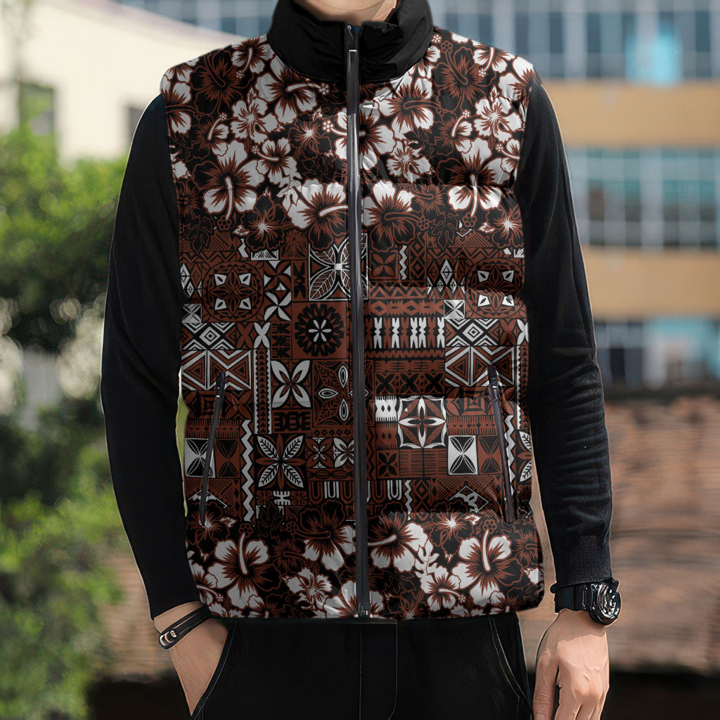 Burgundy Hawaiian Tapa Tribal Hibiscus Sleeveless Puffer Jacket