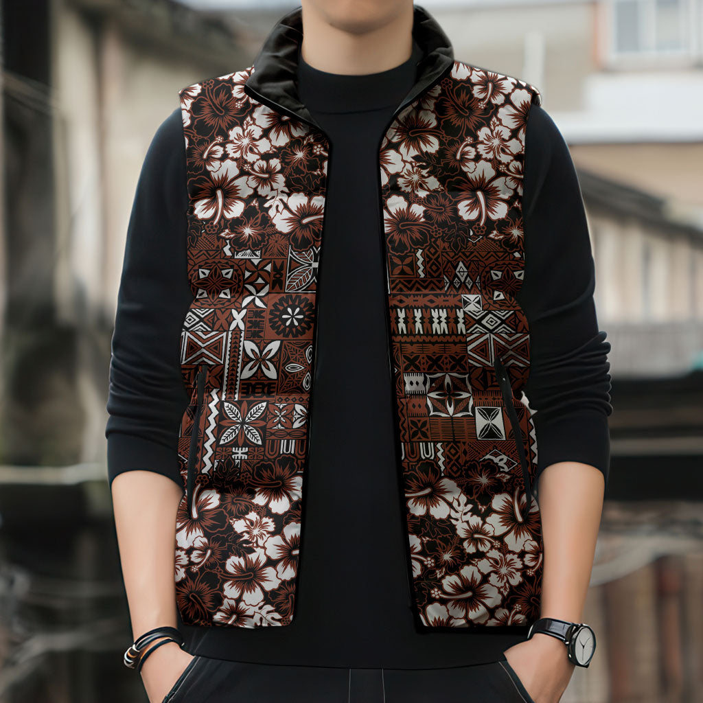 Burgundy Hawaiian Tapa Tribal Hibiscus Sleeveless Puffer Jacket
