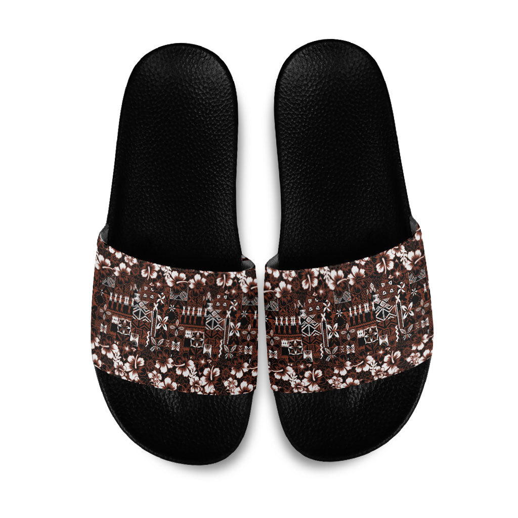 Burgundy Hawaiian Tapa Tribal Hibiscus Slide Sandals