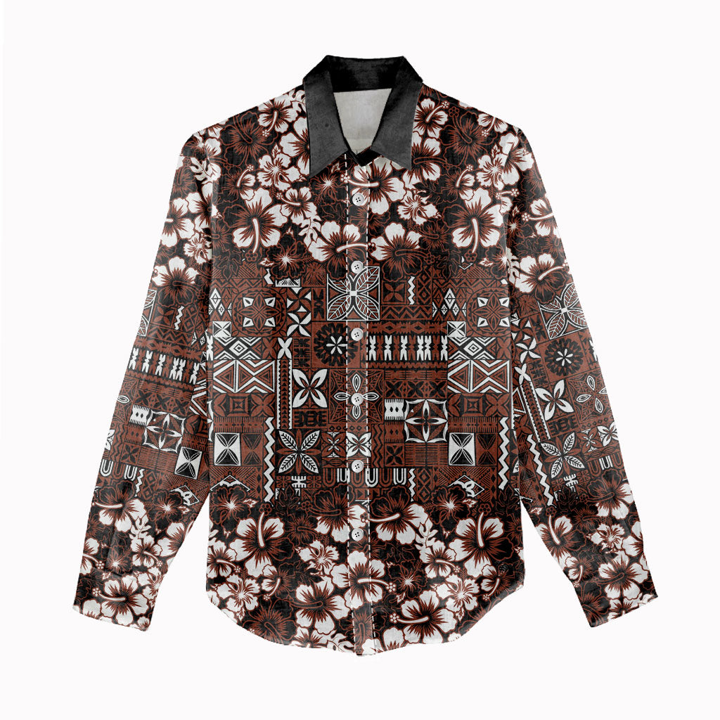 Burgundy Hawaiian Tapa Tribal Hibiscus Women Casual Shirt