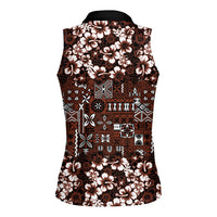 Burgundy Hawaiian Tapa Tribal Hibiscus Women Sleeveless Polo Shirt