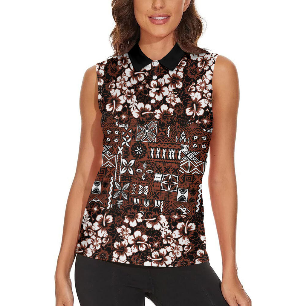 Burgundy Hawaiian Tapa Tribal Hibiscus Women Sleeveless Polo Shirt