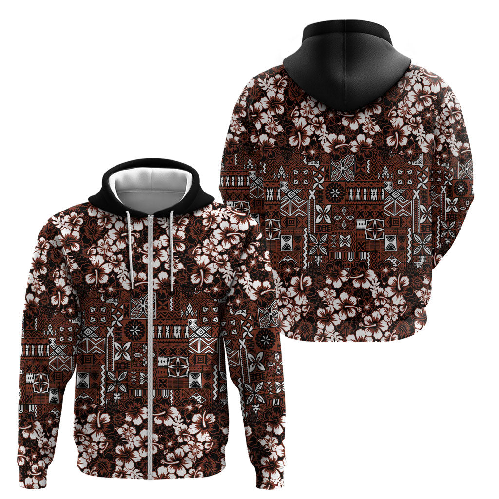 Burgundy Hawaiian Tapa Tribal Hibiscus Zip Hoodie