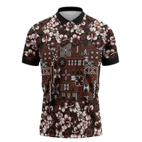 Burgundy Hawaiian Tapa Tribal Hibiscus Zipper Polo Shirt