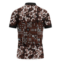 Burgundy Hawaiian Tapa Tribal Hibiscus Zipper Polo Shirt