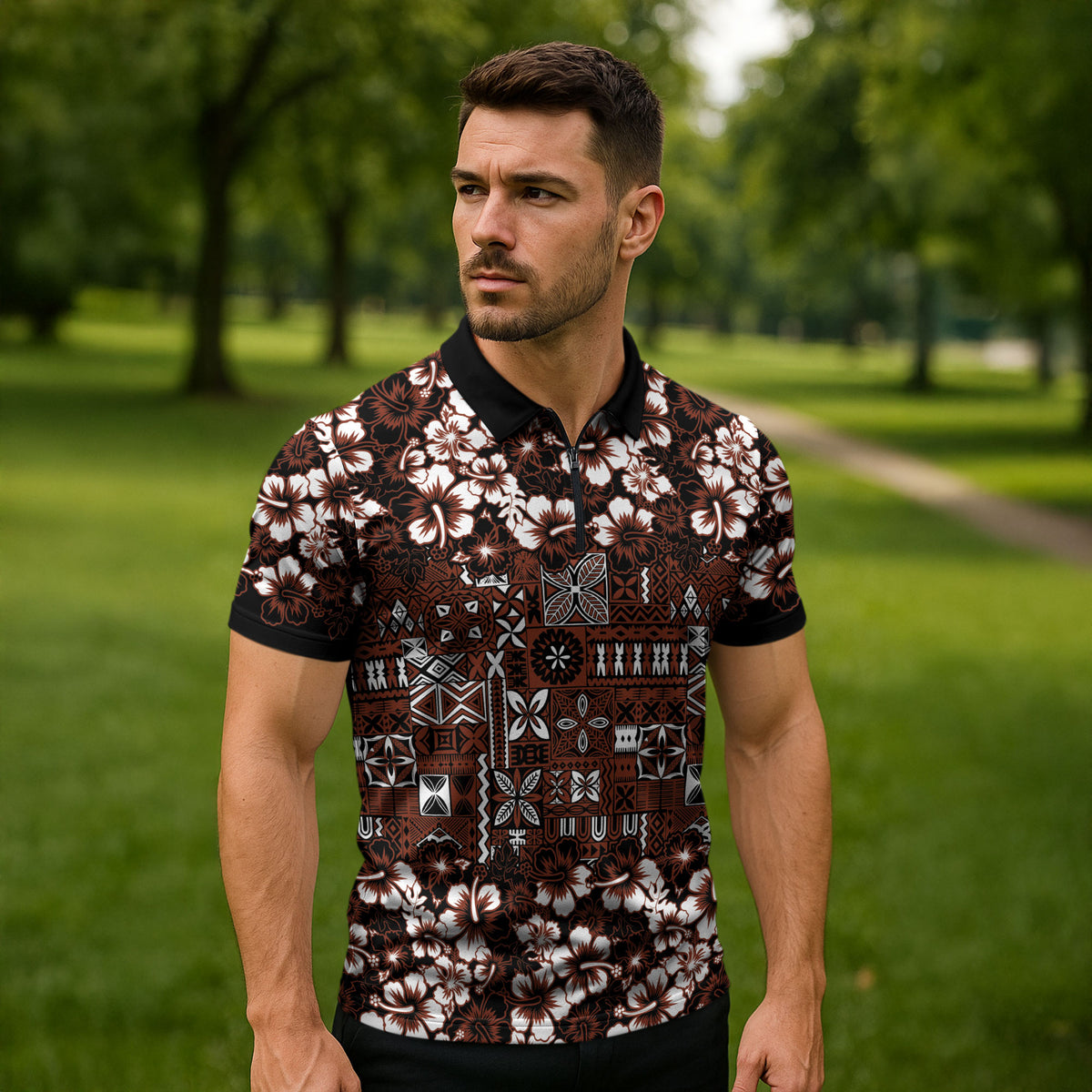 Burgundy Hawaiian Tapa Tribal Hibiscus Zipper Polo Shirt