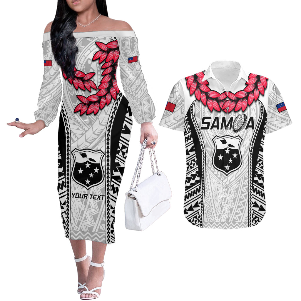 Custom Samoa Rugby Couples Matching Off The Shoulder Long Sleeve Dress and Hawaiian Shirt Go Champions World Cup 2023 Polynesian Unique LT9 White - Polynesian Pride