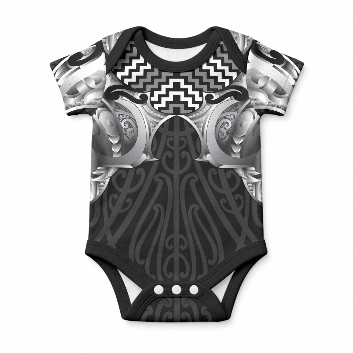 Aotearoa Kowhaiwhai Poutama Black Motif Baby Onesie LT9 Black - Polynesian Pride