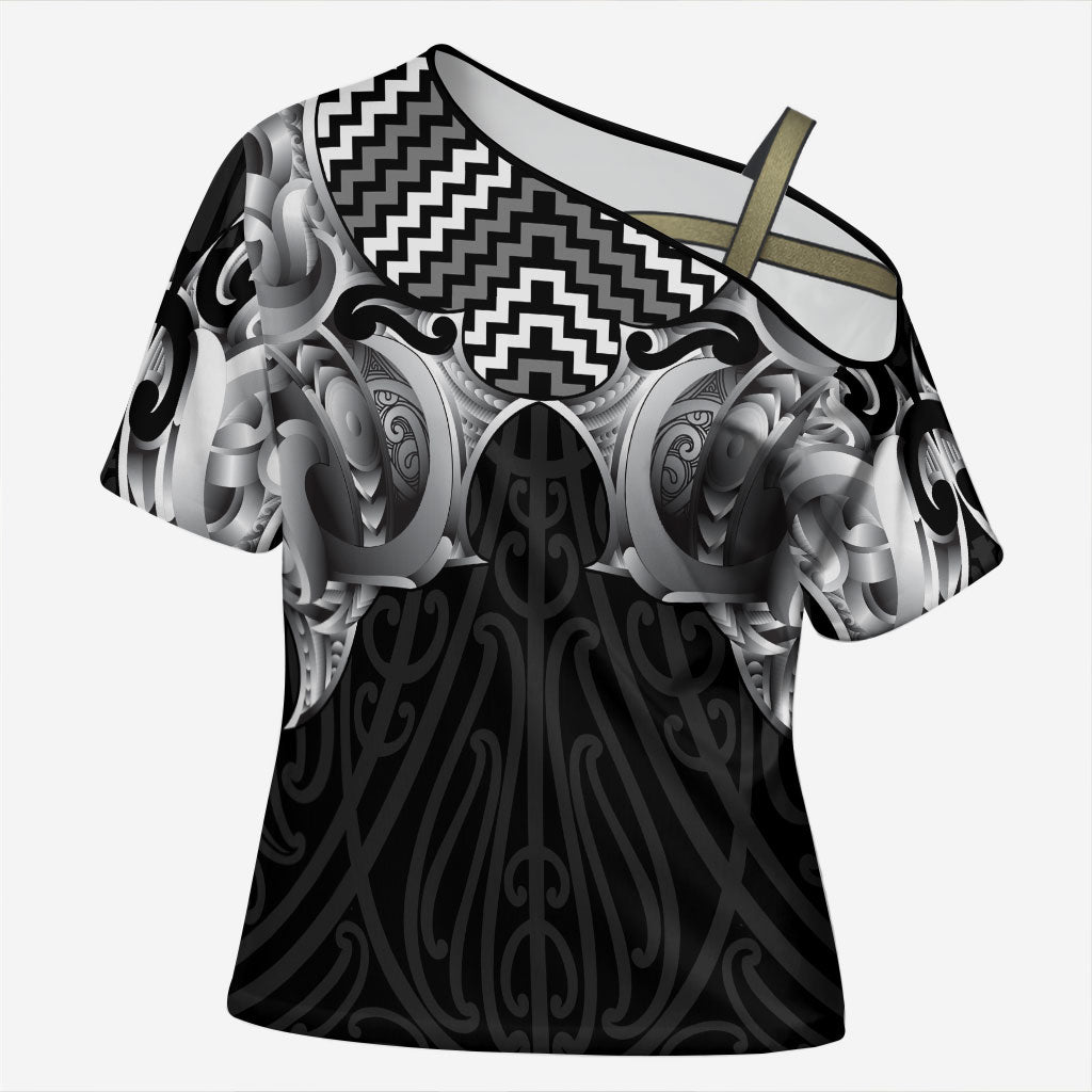 Aotearoa Kowhaiwhai Poutama Black Motif Cross Shoulder Shirt