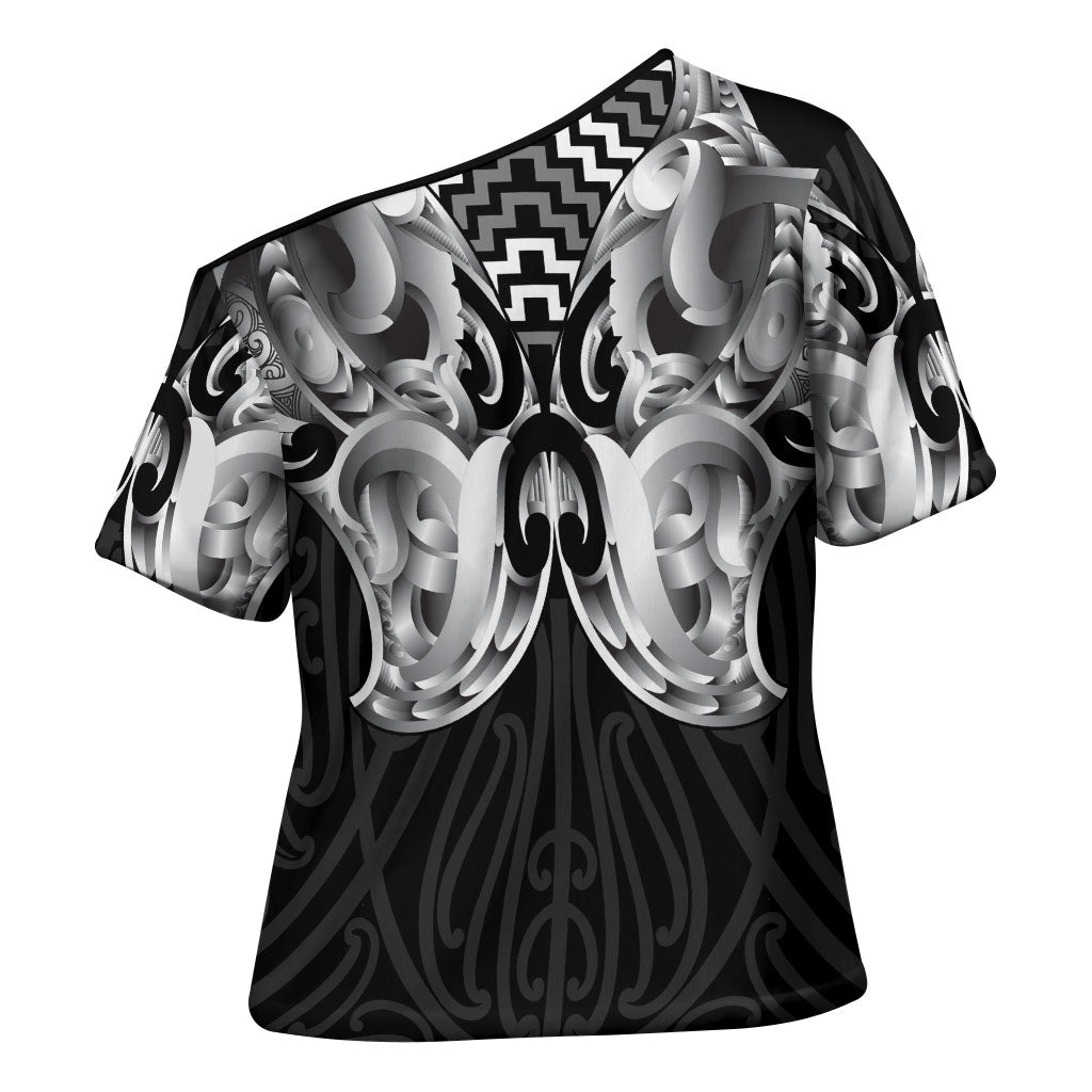 Aotearoa Kowhaiwhai Poutama Black Motif Cross Shoulder Shirt