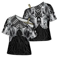 Aotearoa Kowhaiwhai Poutama Black Motif Cross Shoulder Shirt