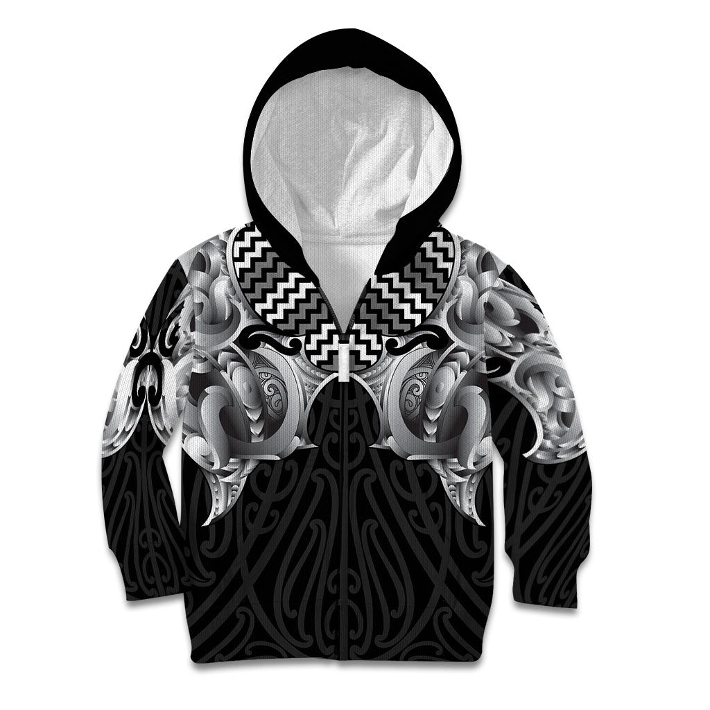 Aotearoa Kowhaiwhai Poutama Black Motif Kid Hoodie LT9 Zip Hoodie Black - Polynesian Pride