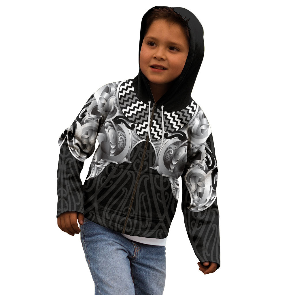 Aotearoa Kowhaiwhai Poutama Black Motif Kid Hoodie LT9 - Polynesian Pride