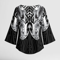 Aotearoa Kowhaiwhai Poutama Black Motif Kimono Sleeve Blouse